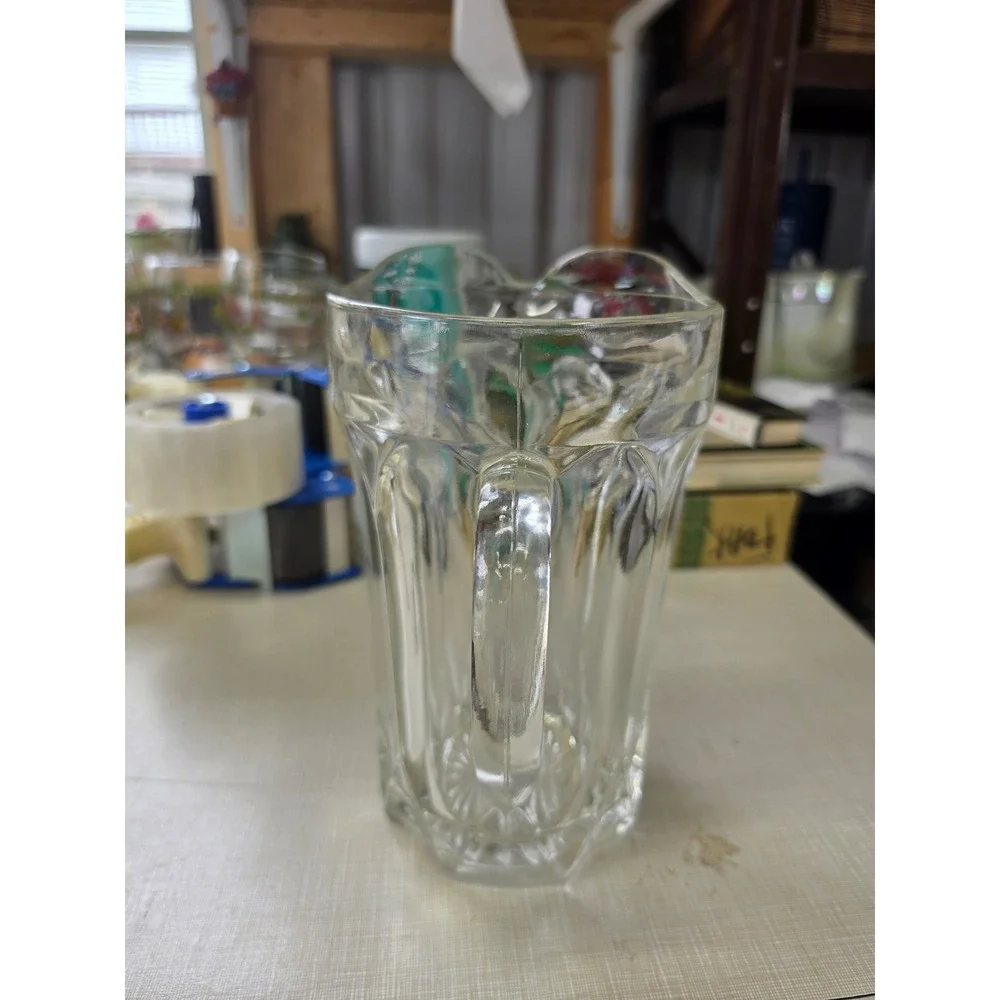 Vintage Clear Pressed Glass Pitcher Paneled Starburst Base Heavy Juice Water Jug